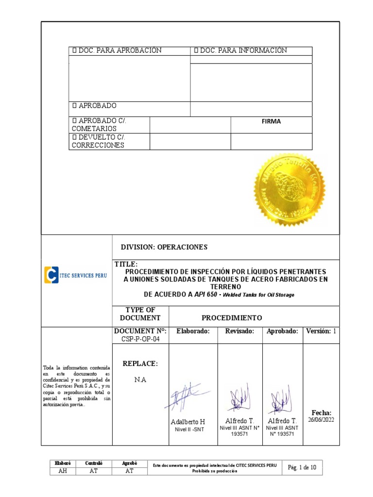 Inspección Líquidos Penetrantes API 650 | PDF | Acero | Sector ...