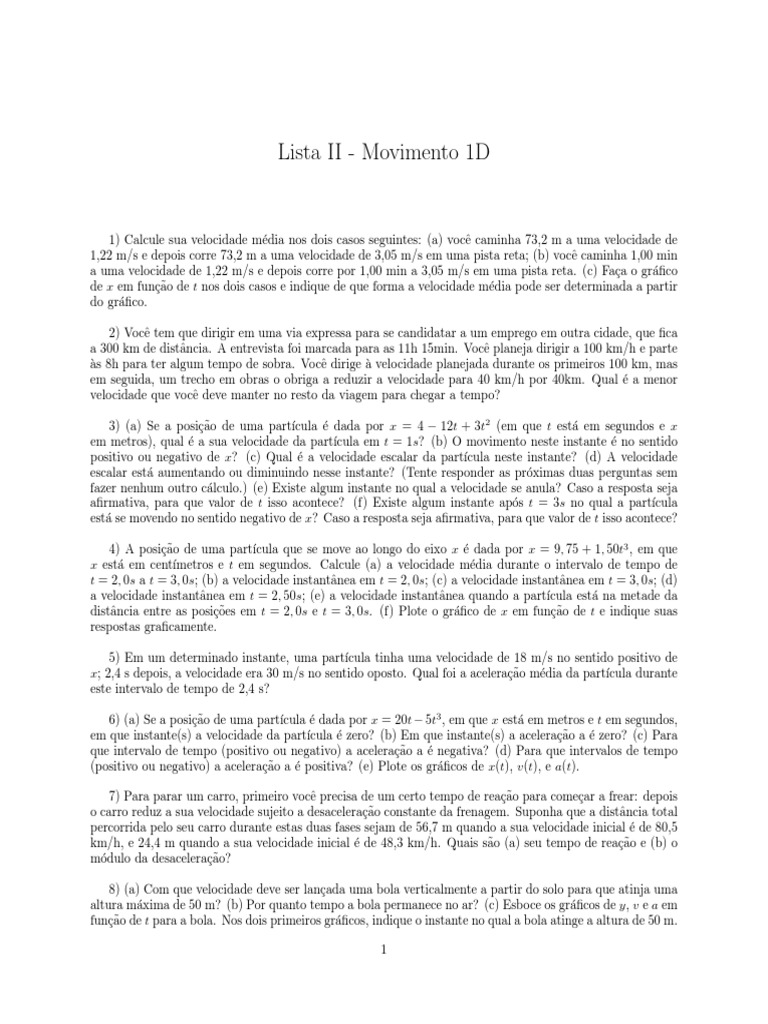 Cálculos de Movimento e Velocidade 1D | PDF | Velocidade | Aceleração