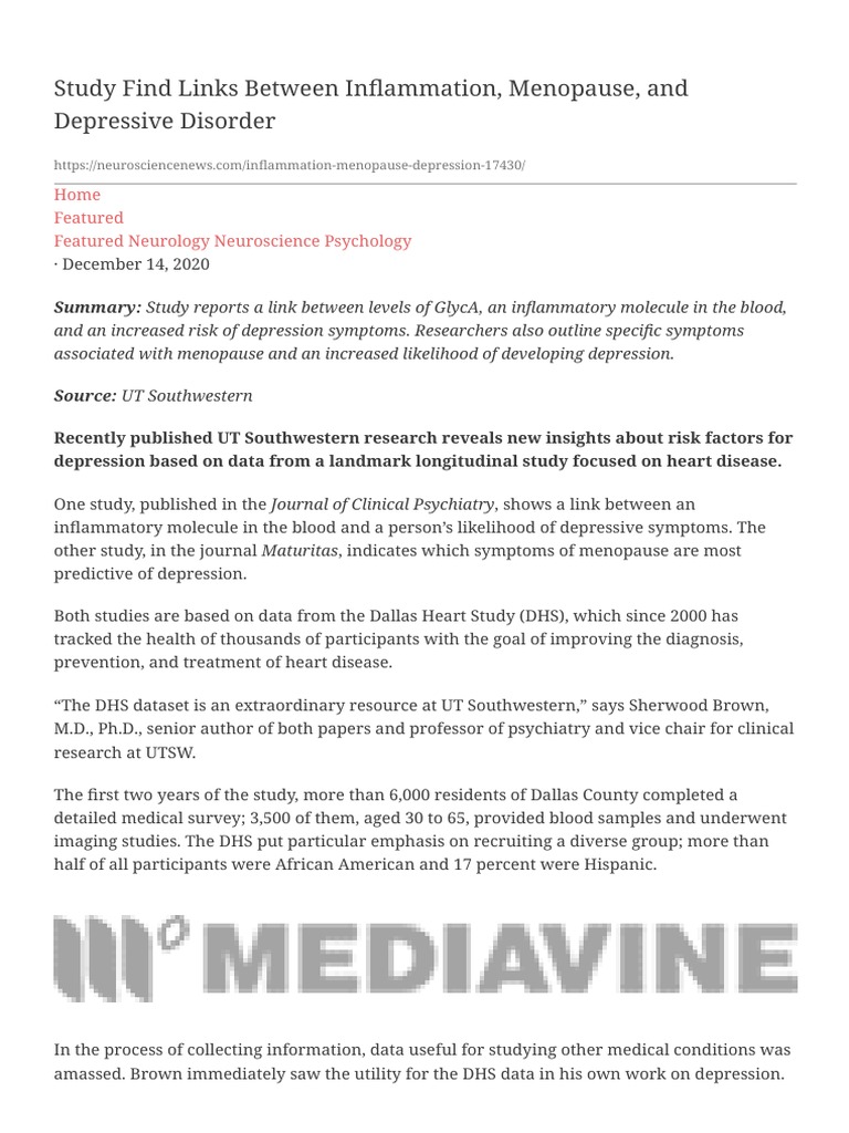 Study Find Links Between Inflammation, Menopause, + PDF Major Depressive Disorder Menopause