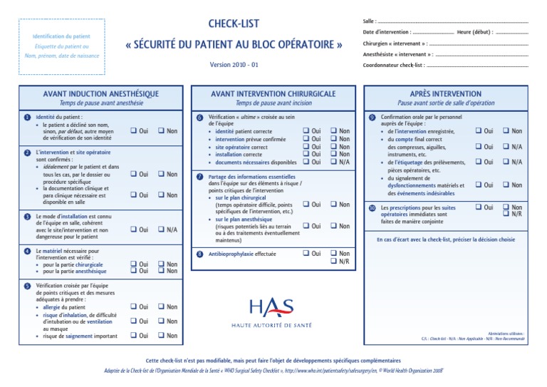Check-list Sécurité Patient Bloc Opératoire | PDF | Maladies et ...