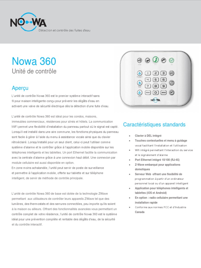 Fiche Technique Unite de Controle Nowa 360 | PDF | Application | Wi-Fi