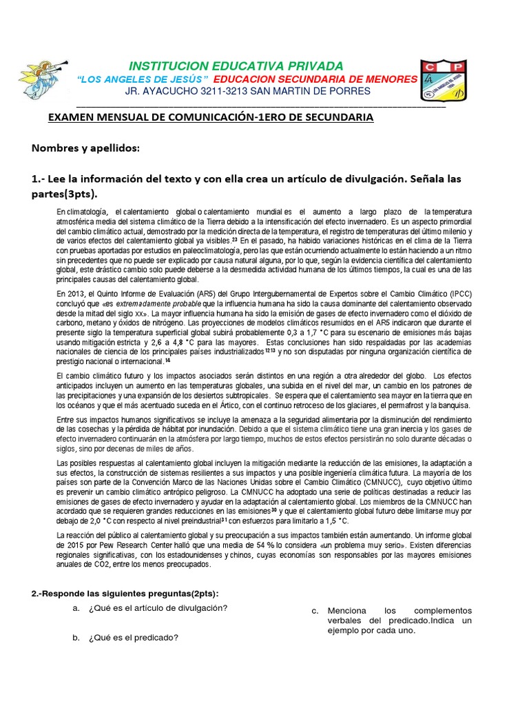 Examen Mensual de Comunicación 1º Secundaria | PDF