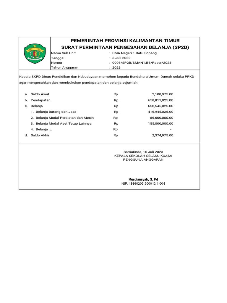 Pengesahan Belanja SP2B SMA Negeri 1 | PDF