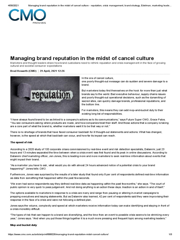 Brand Reputation in Cancel Culture | PDF | Brand | Crisis Management