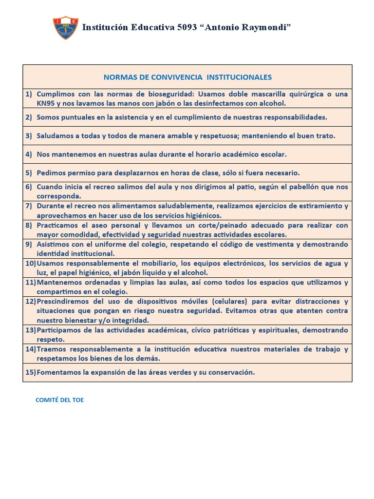 Normas de Convivencia Institucionales 2022 | PDF