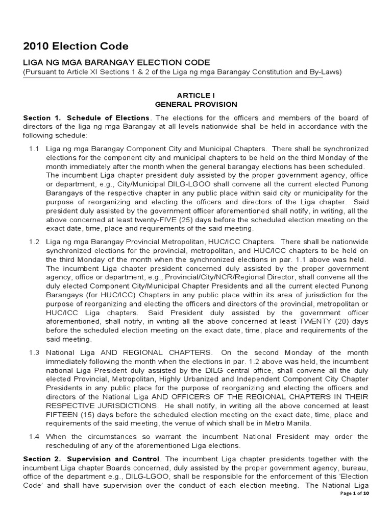 2010 Liga NG Mga Barangay Election Code | PDF