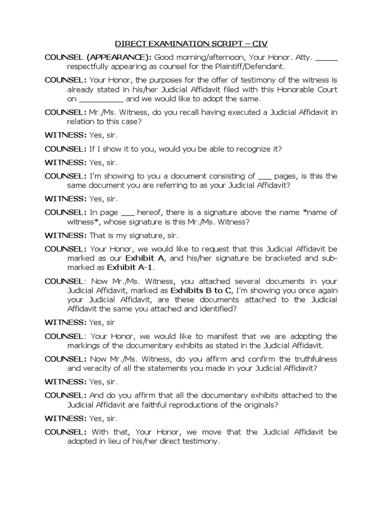 Civ - Direct Examination Script | PDF | Affidavit | Witness