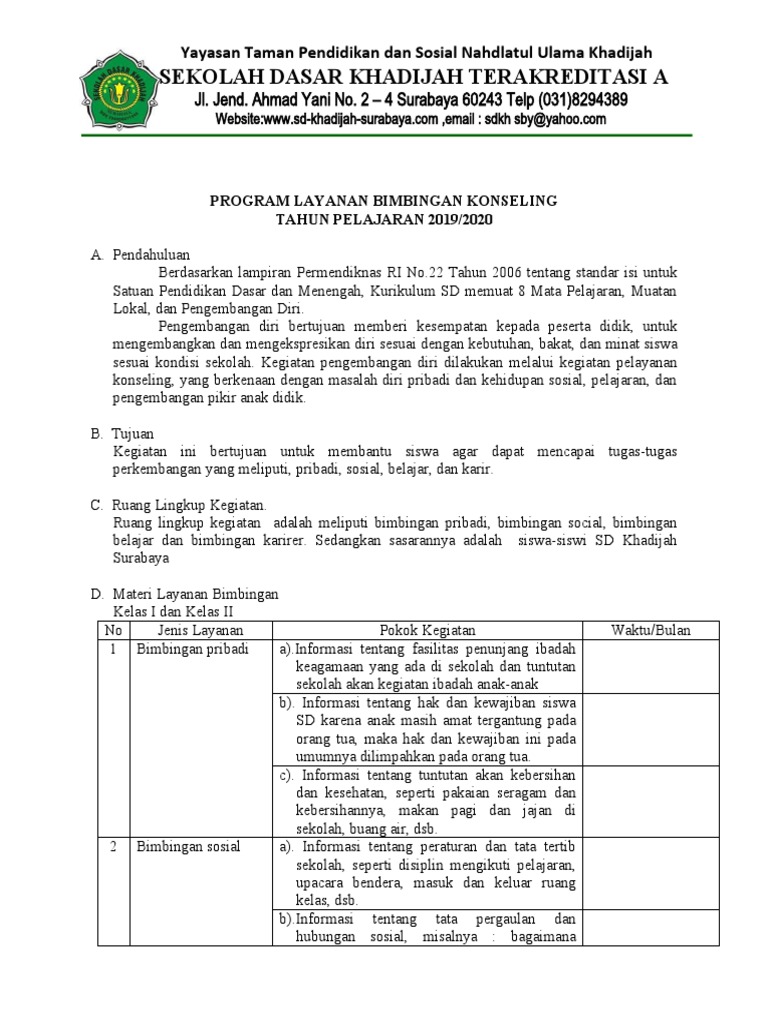 Program Bimbingan Konseling SD Khadijah | PDF