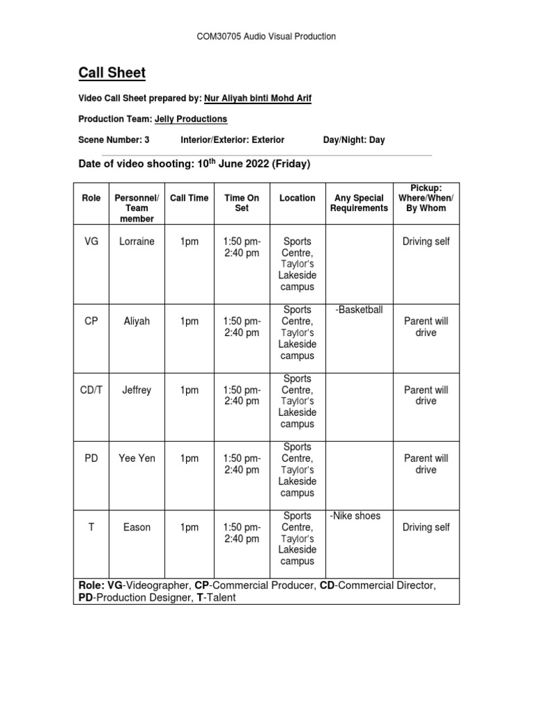 Call Sheet Assignment 2 | PDF | Nike