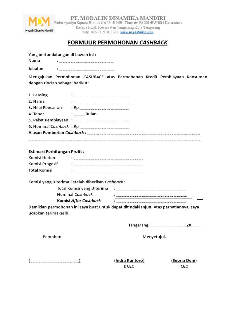 Formulir Permohonan Cashback Kredit | PDF