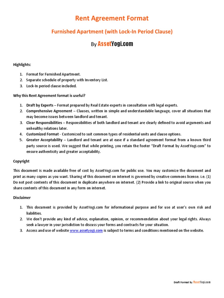 Furnished Flat Rent Agreement Format With Lock in Period PDF Lease