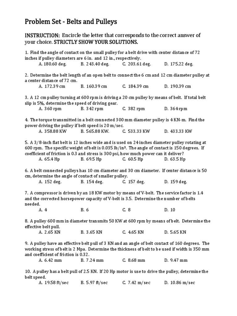 Problem Set Belts and Pulleys PDF