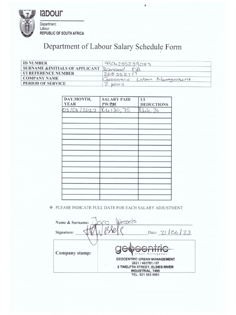 DOL Salary Schedule Form DA Koenraad PDF