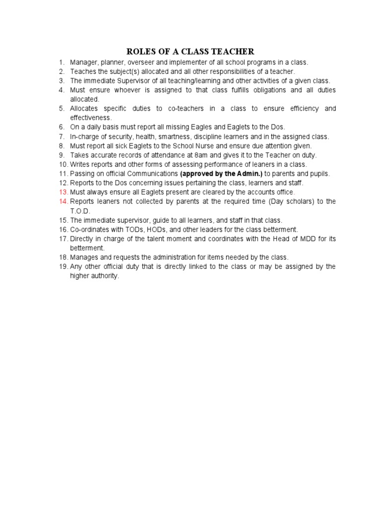 Roles of A Class Teacher | PDF