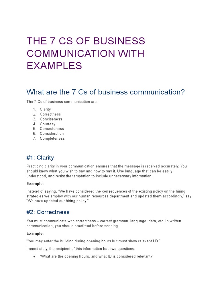 THE 7 CS OF BUSINESS COMMUNICATION WITH EXAMPLES | PDF | Communication ...