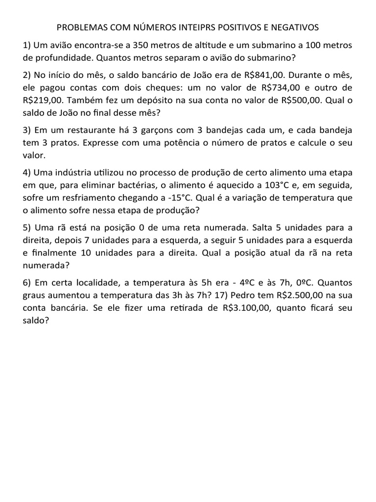 Problemas Com Números Inteiros | PDF