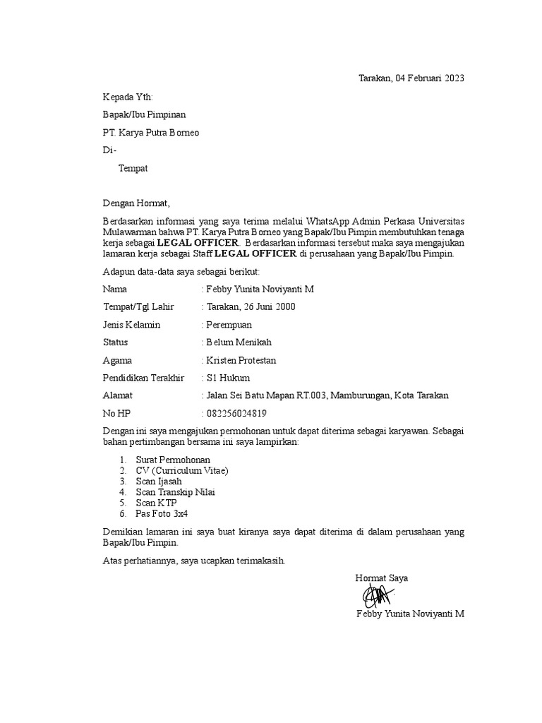 Surat Lamaran Kerja-Pt Putra Karya Borneo-Febby Ynm | PDF