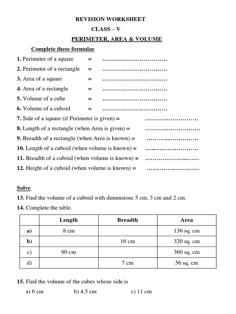 Class 5 - REVISION - PERIMETER, AREA & VOLUME | PDF