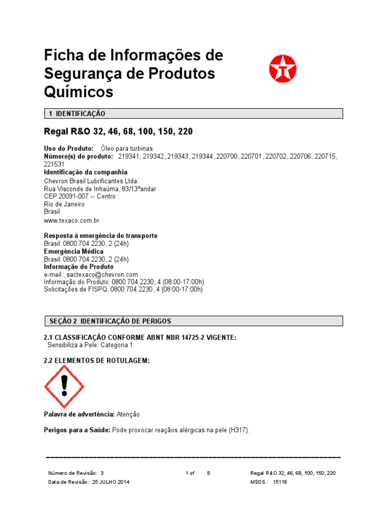 Ficha de Segurança: Óleo Regal R&O | PDF | Combustão | Pressão