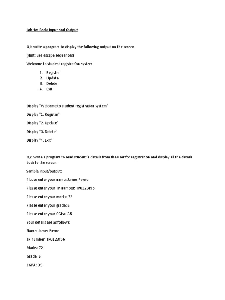 Lab 1a - Basic Input and Output | PDF | Computers