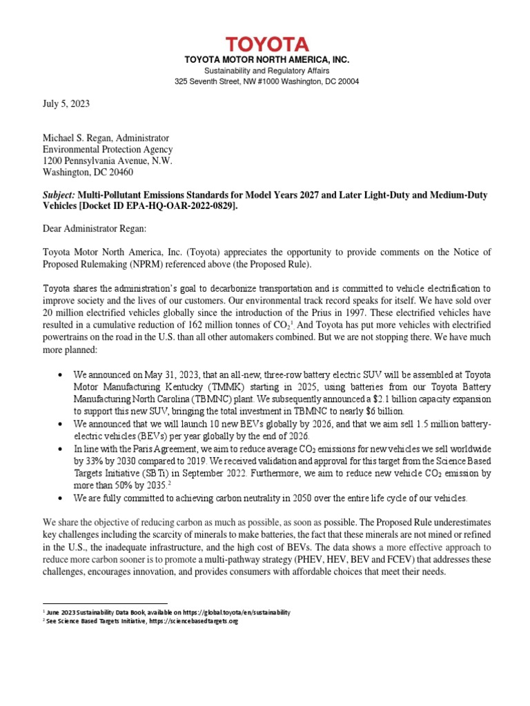 Toyota Responds To EPA Proposed Rule | PDF | Plug In Hybrid | Electric ...