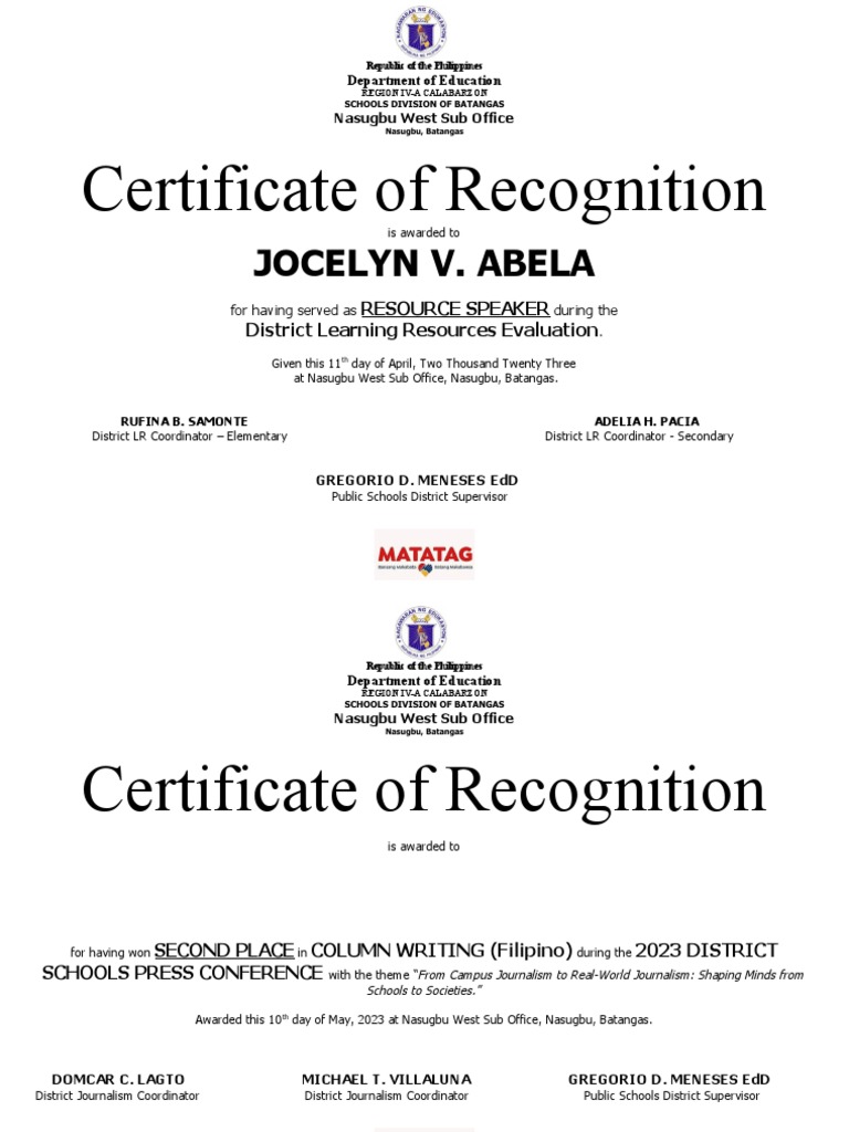 Certificate For Winners Dis SPC PDF Philippines Government
