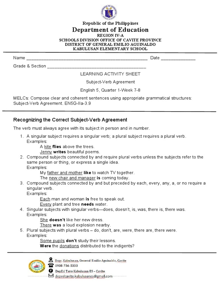 LAS For Grade 5 ENGLISH PDF Subject (Grammar) Grammatical Number