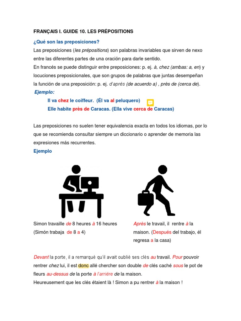 Français I. GUIDE 10. LES PREPOSITIONS | PDF | Lingüística | Idiomas