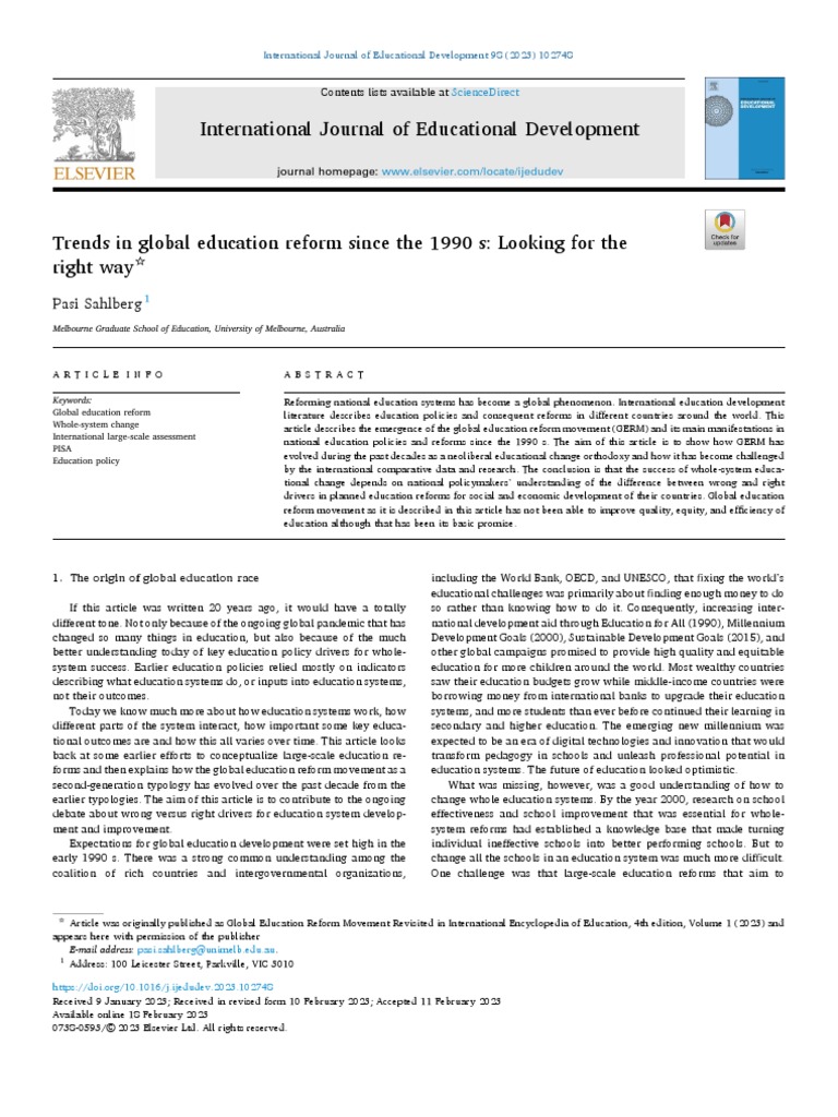 2023 Sahlberg Trends in Global Education Reform Since The 1990s | PDF