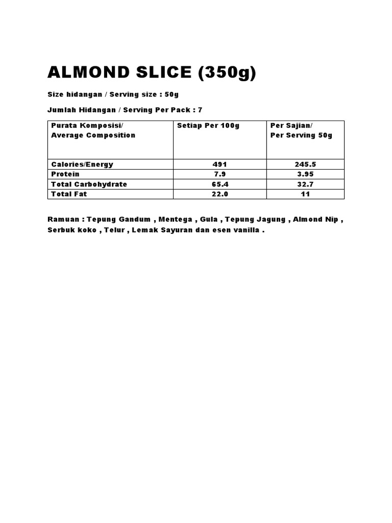 Nutritional Info for Almond Slice | PDF | Cooking, Food & Wine | Wellness