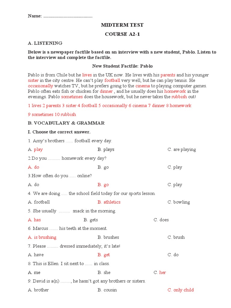 A2-1 Midterm Test: Listening & Grammar | PDF