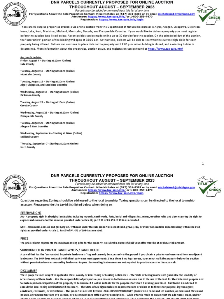 DNR Parcels Currently Proposed For Online Auction Throughout August