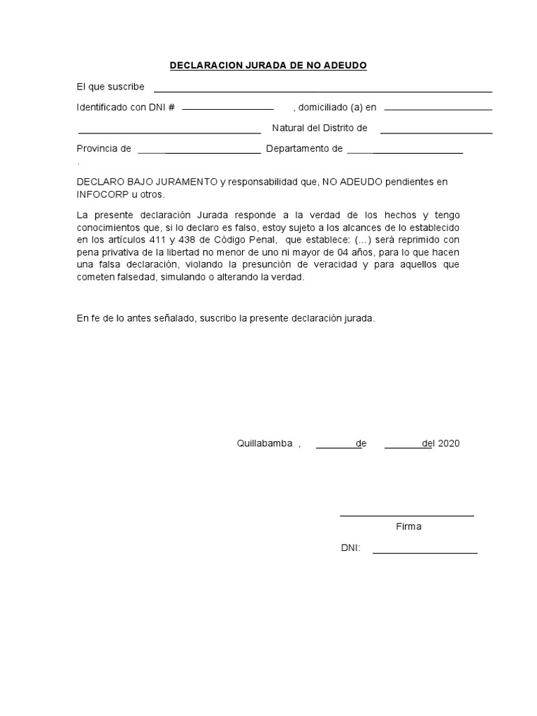 Declaracion Jurada de No Adeudo | PDF
