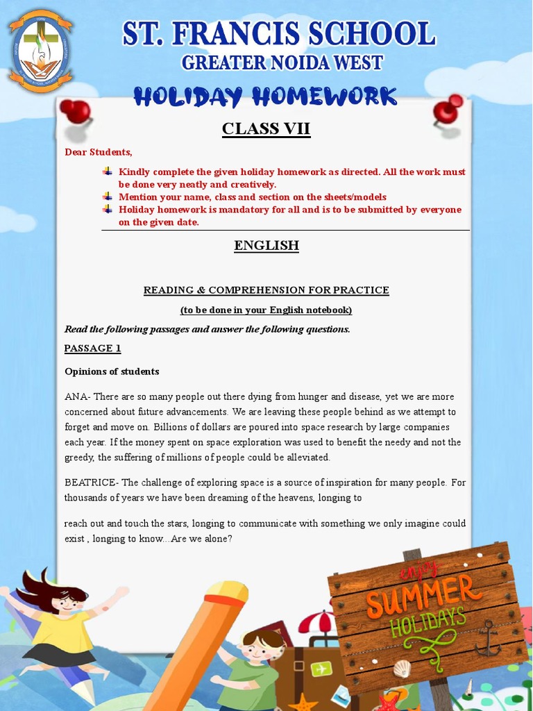 Class VII Holiday Homework Instructions | PDF | Knitting | Books