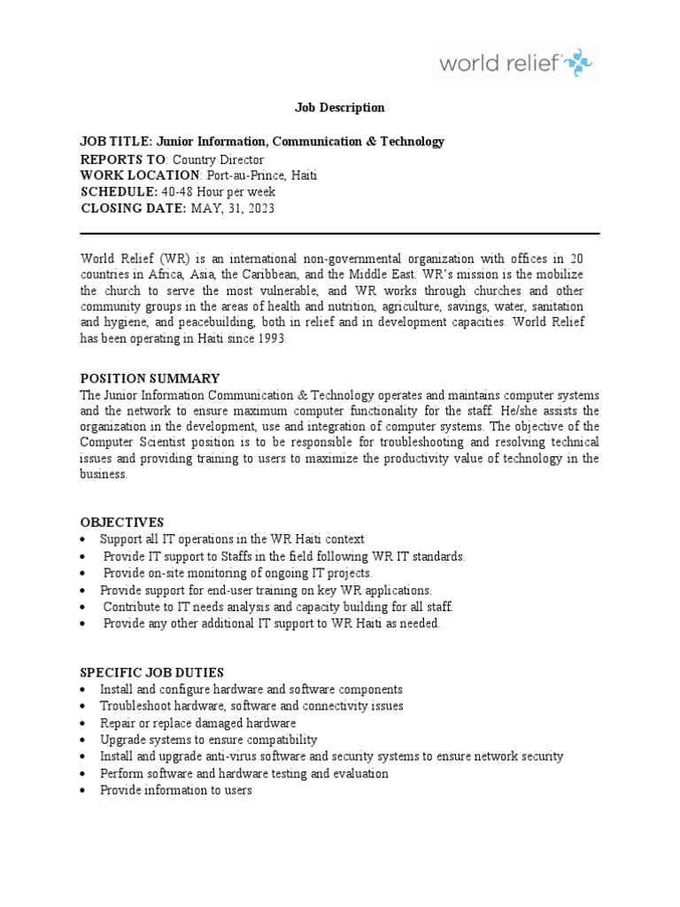Junior IT Officer Job Description | PDF | Computer Security | Security