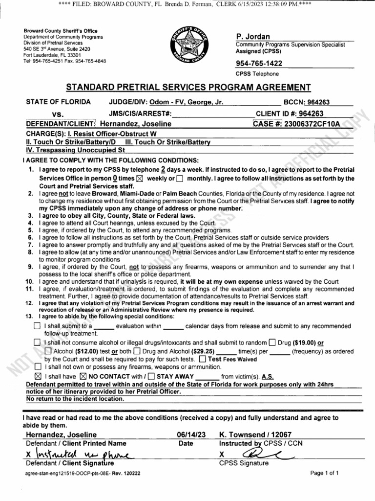 Joseline Hernandez pre-trial release form | PDF | Justice | Crime & Violence
