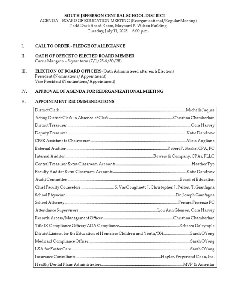 South Jefferson Central School District Agenda July 11, 2023 PDF Business