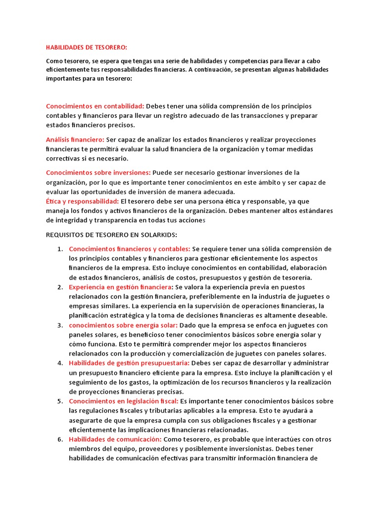 Habilidades y Funciones del Tesorero | PDF | Contabilidad | Contador