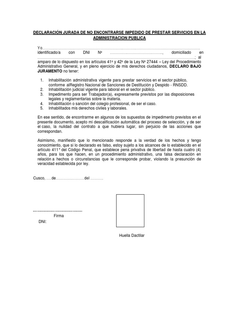 Declaración Jurada de No Encontrarse Impedido de Prestar Servicios en ...