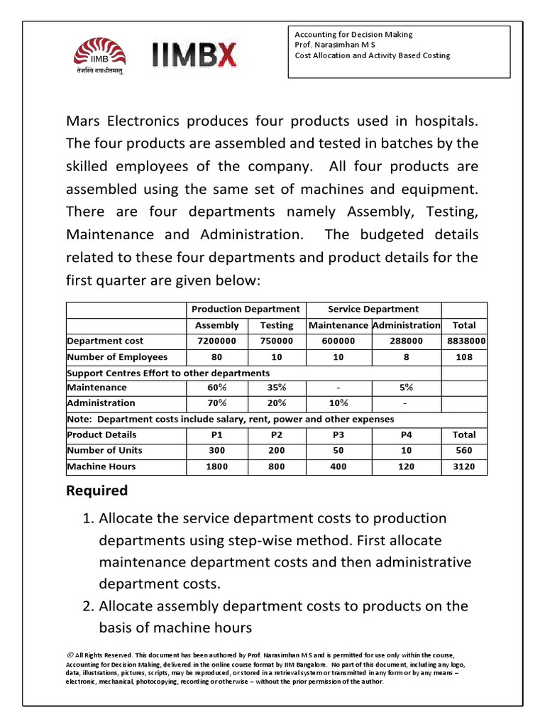 Mars Electronics Indirect Costing PDF Business Business Economics