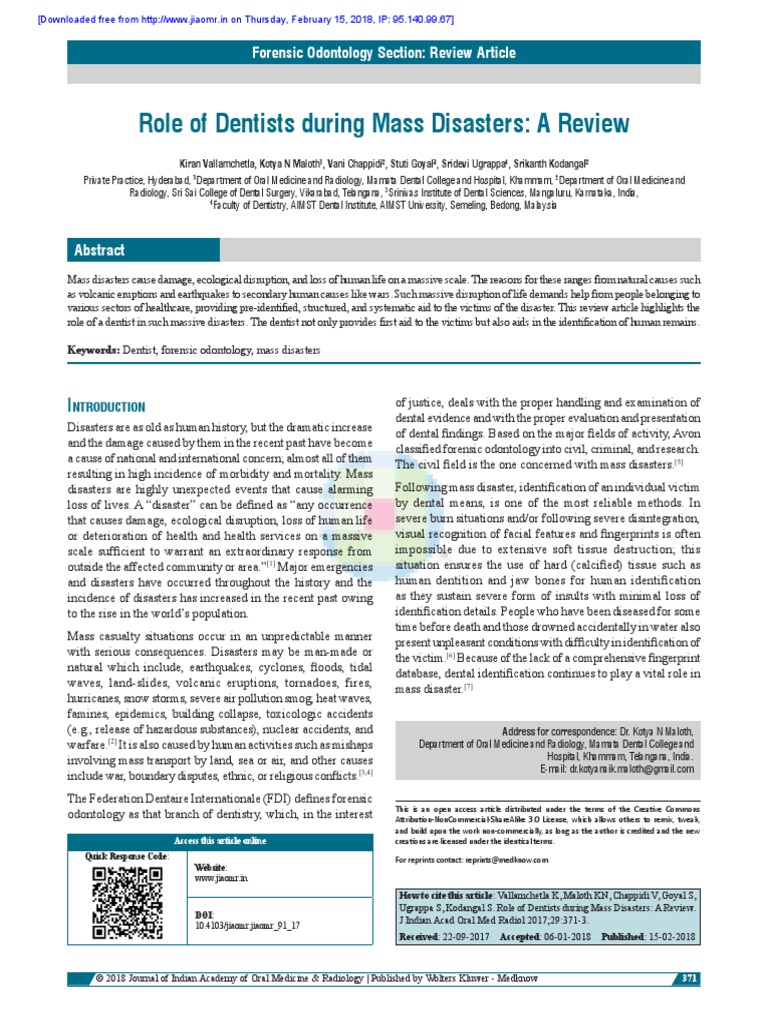 Role of Dentists During Mass Disasters A Review Forensic Odontology