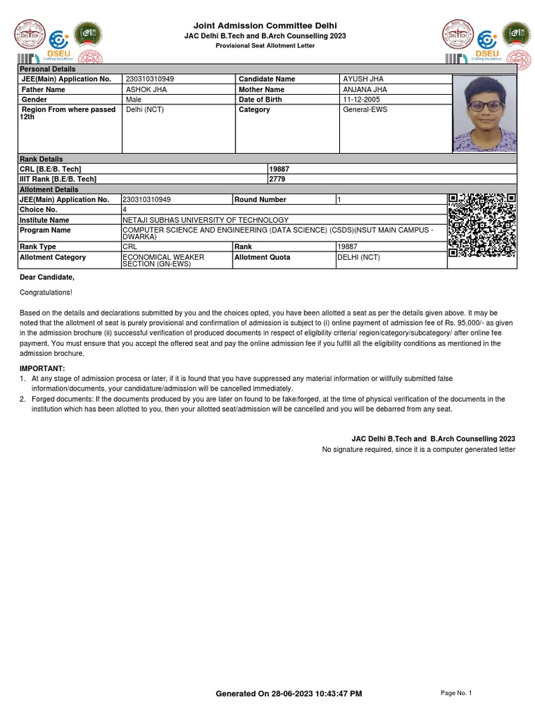 Seat allotment letter pdf