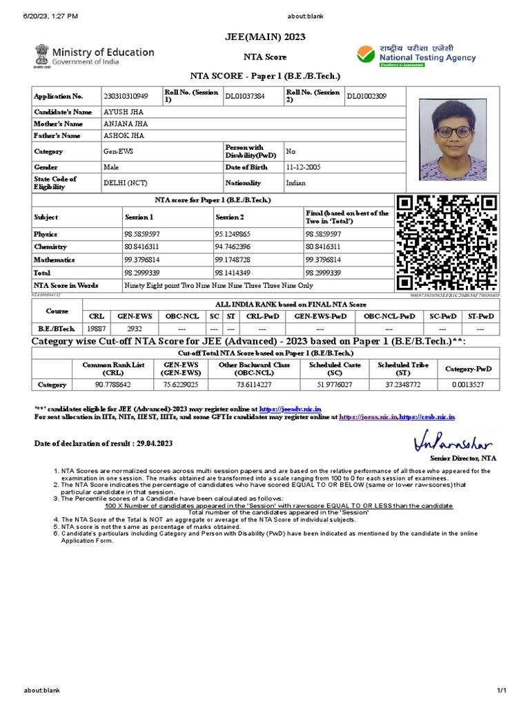 Jee main scorecard download free pdf tests student assessment and