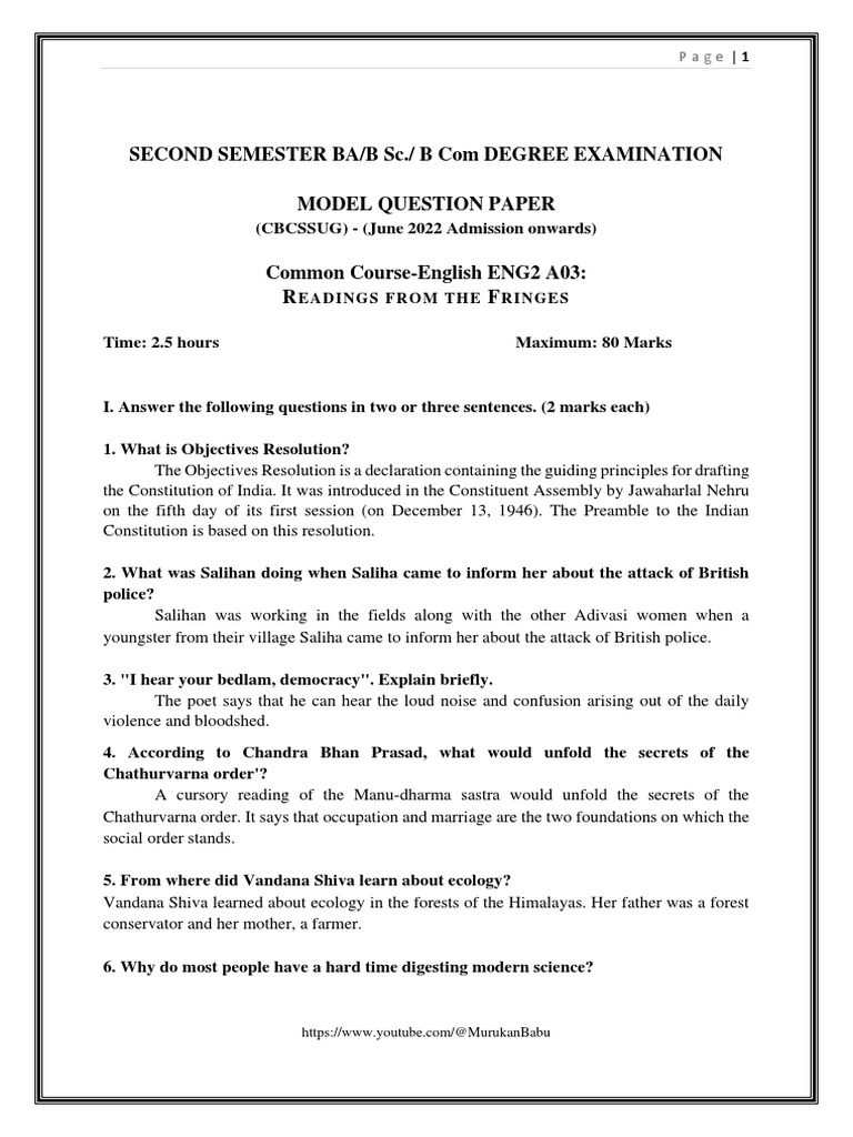 A03 English Model Question Paper | PDF