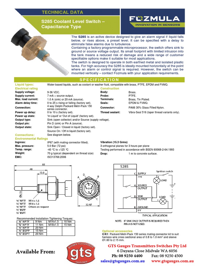 S285 Fozmula Capacitance Coolant Level Switch Data JP 24 Nov 15 3.1 Rev 2 Download Free PDF