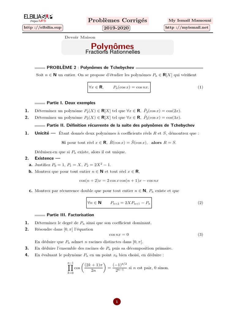Polynômes de Tchebychev et Fractions Rationnelles PDF Polynôme — free download
