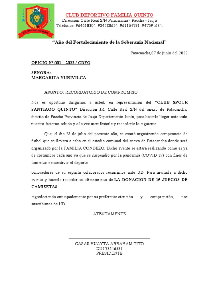 Oficio y Carta Club Spotr Santiago Quinto PDF