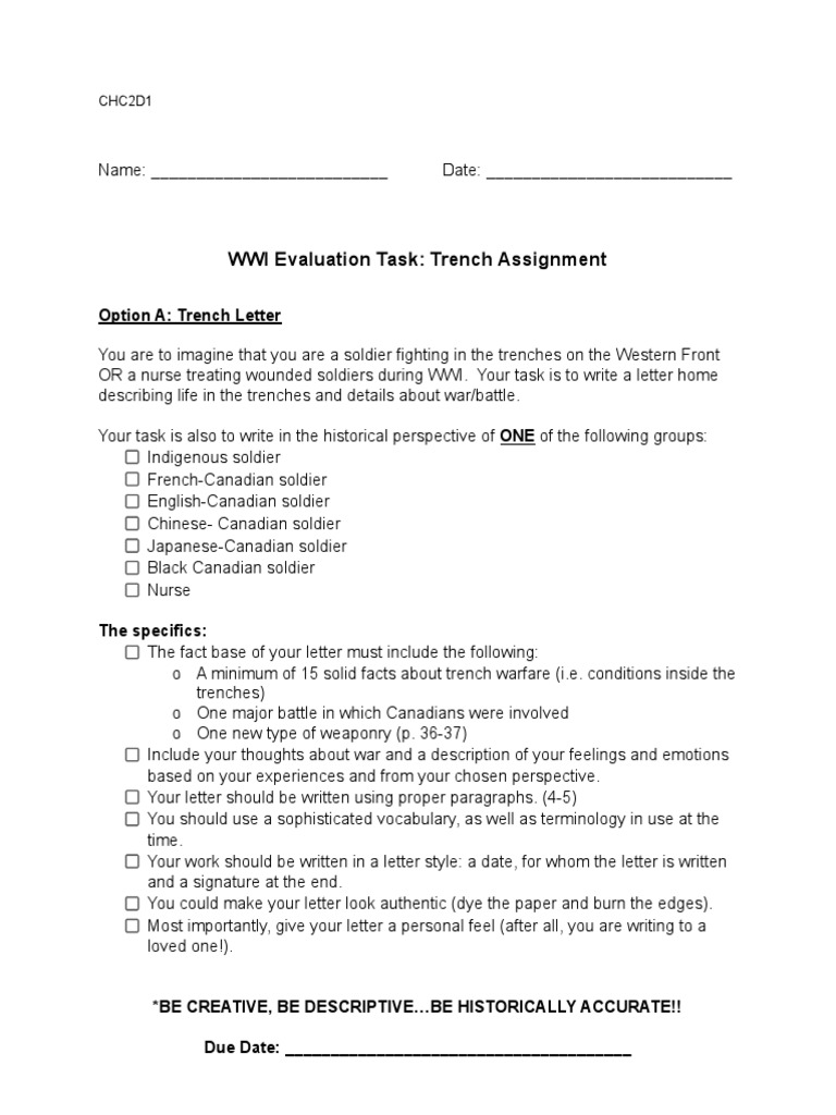 WWI Trench Assignment Guidelines | PDF | Trench Warfare | Experience