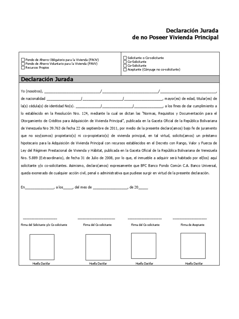 Declaracion Jurada de No Poseer Vivienda Principal | PDF | Justicia ...