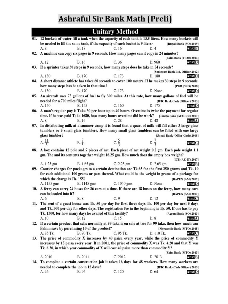 Unitary Method Practice Questions | PDF